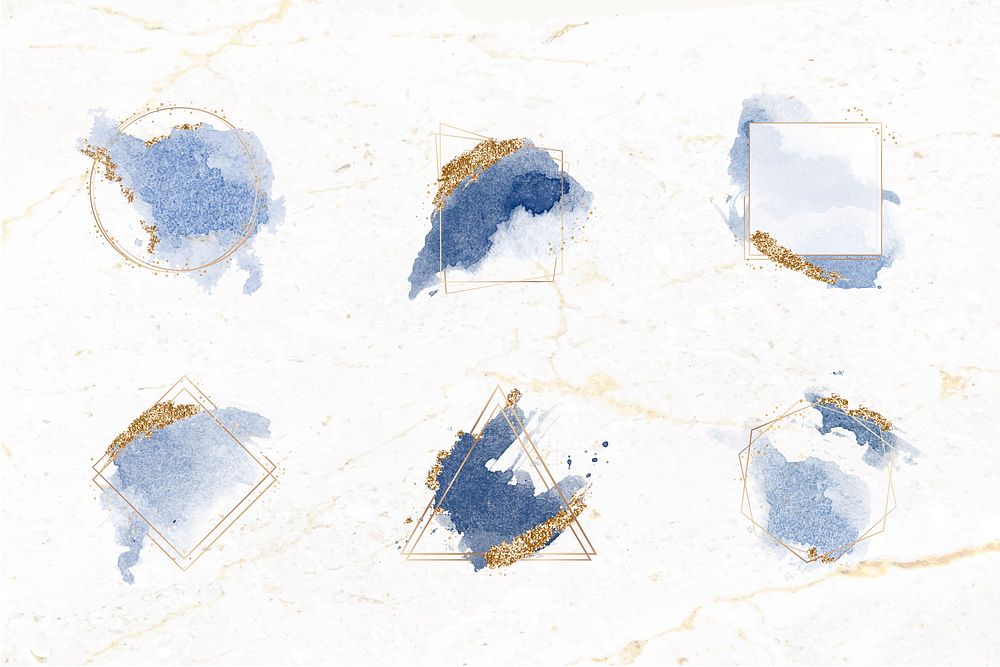 Gold frames on blue watercolor background vector collection