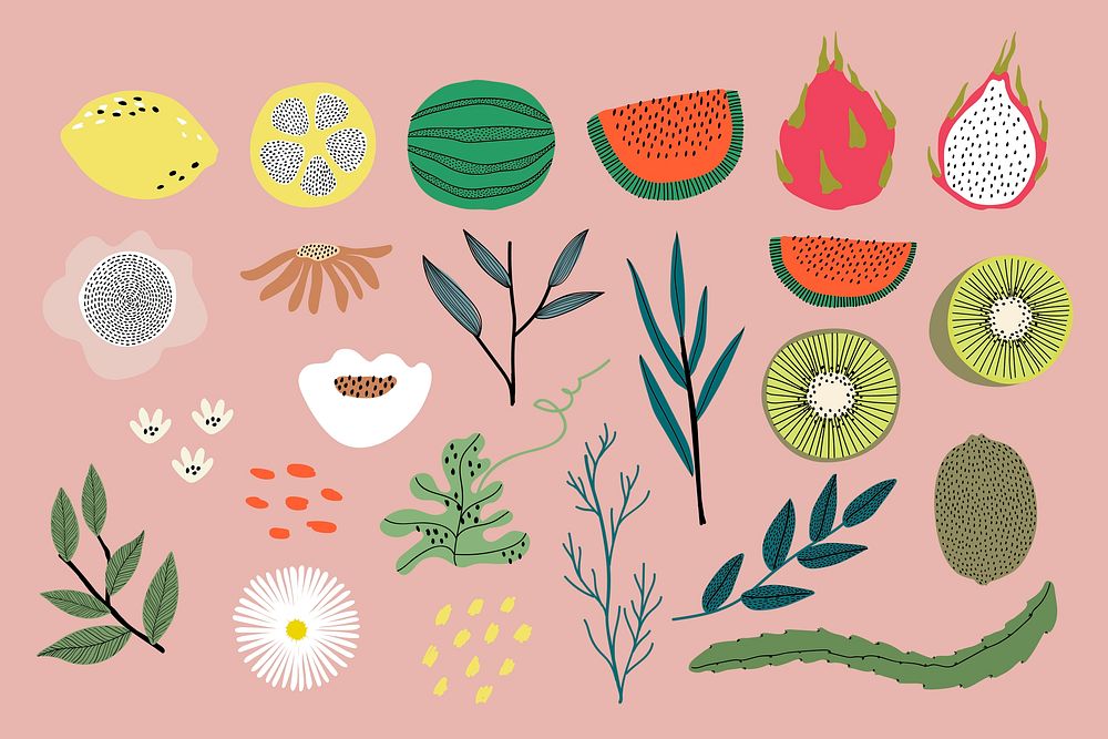 Fruit and vegetable elements on a pink background vector
