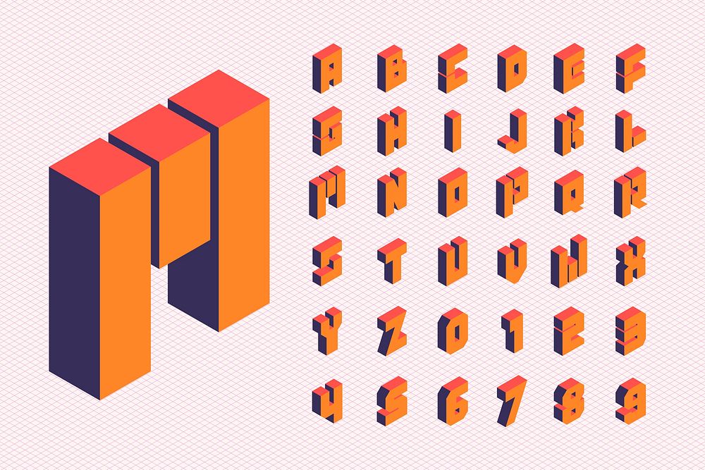 Isometric alphabet with numbers vector collection