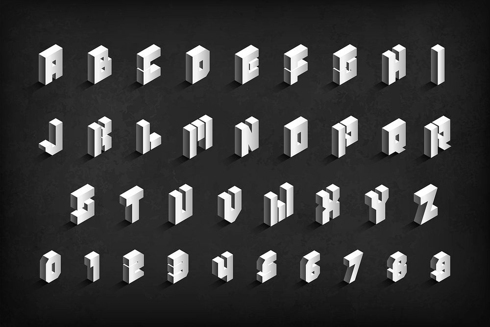 Isometric alphabet with numbers vector collection