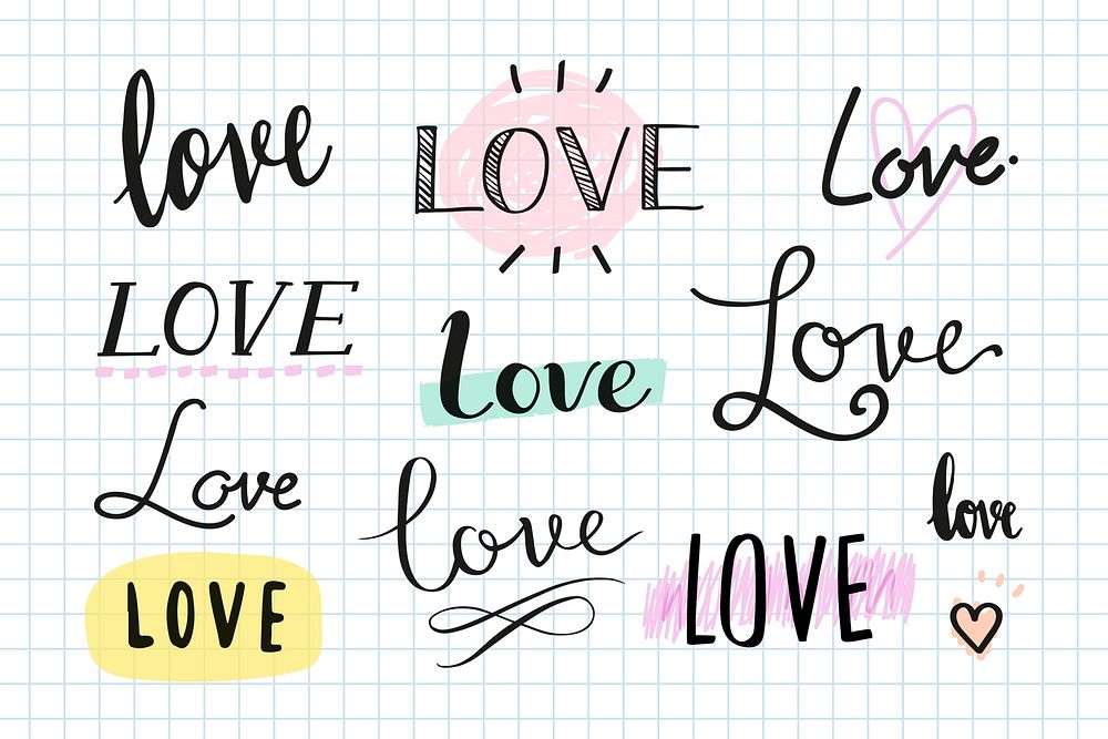Love typography psd for Valentine&rsquo;s day set