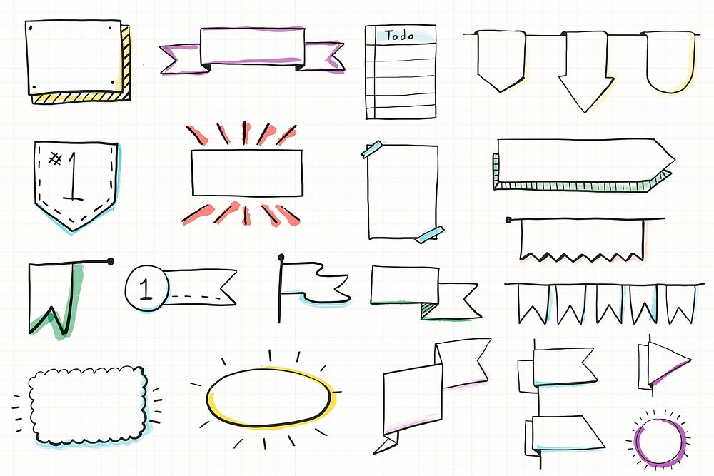 Hand drawn bullet journal doodle banners vector set