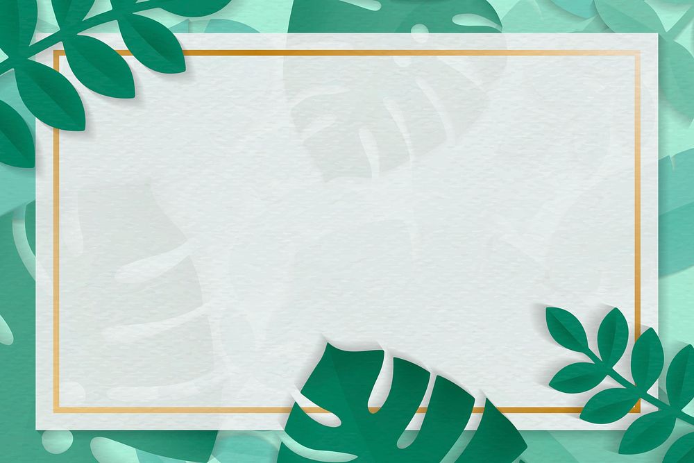 Bronze rectangle frame on a green tropical leaves patterned background vector