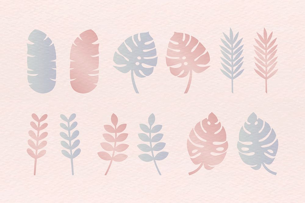 Pastel tropical leaves on pastel pink background vector collection