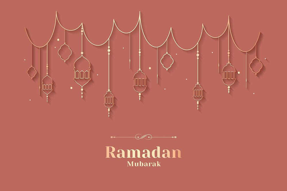 Pink Ramadan Mubarak and Eid festivals background with gold lanterns
