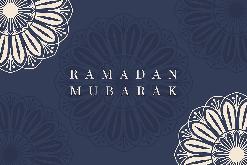 Blue Islamic floral background psd with Ramadan Mubarak text