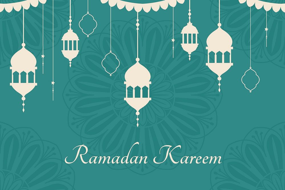 Green Ramadan Kareem background psd with lantern lights and Islamic flowers