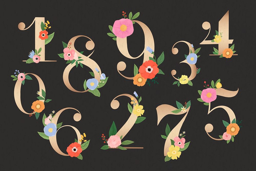 Floral number 0-9 vector set