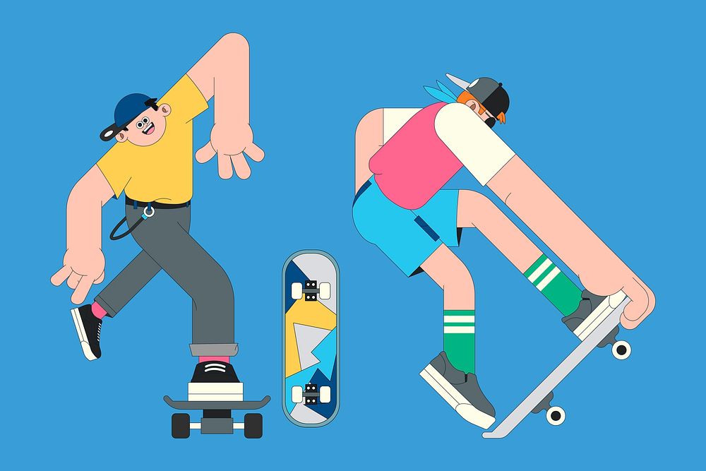 Young skateboarder characters on blue background vector