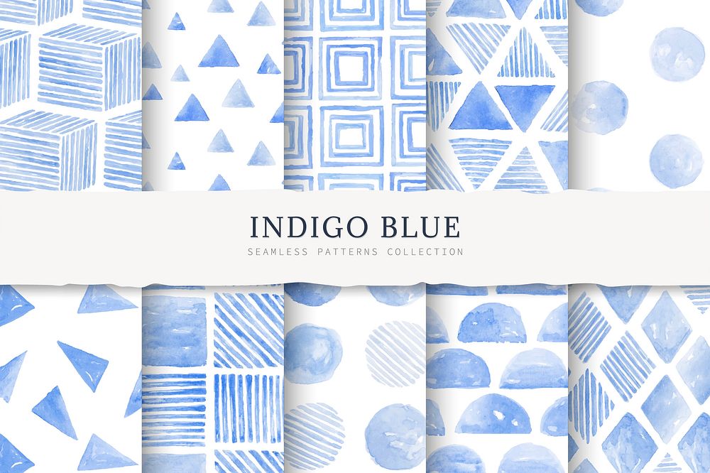 Indigo blue watercolor geometric seamless patterned background vector set