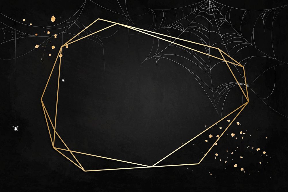 Gold polygon frame on spider web black background vector