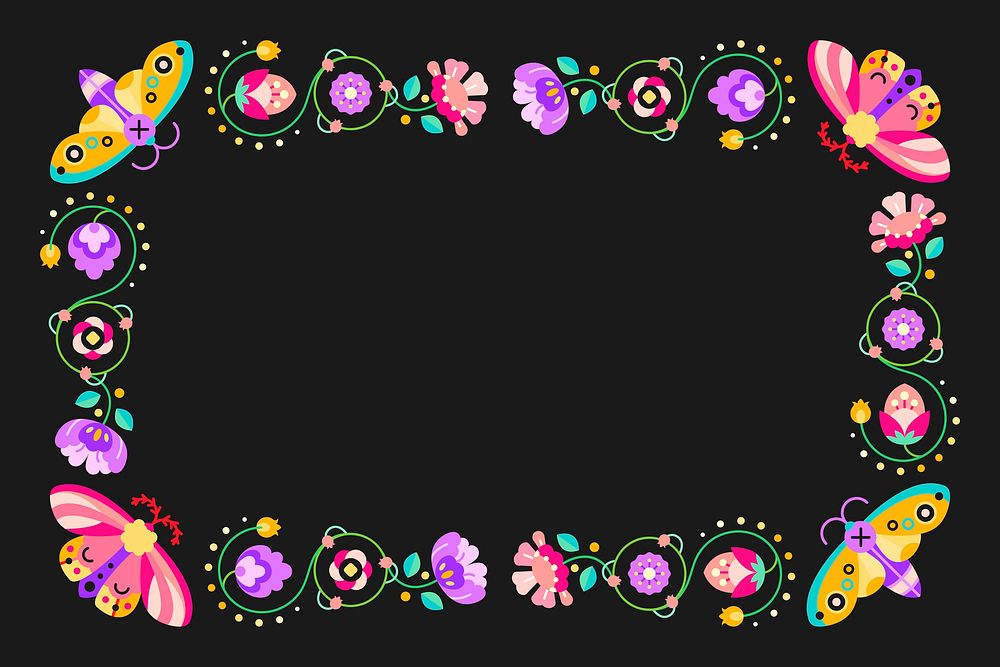 Flower and insect folk design element frame on black background vector