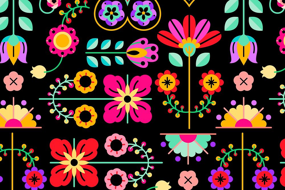 Flowers folk art patterned on black background vector