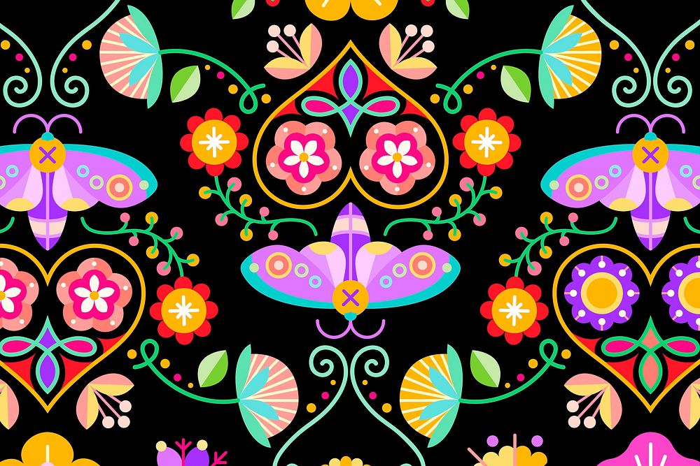 Flower and insect folk art patterned on black background vector