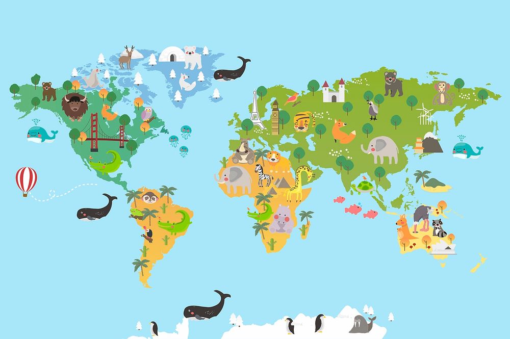 Illustration of a world map with landmarks and animals
