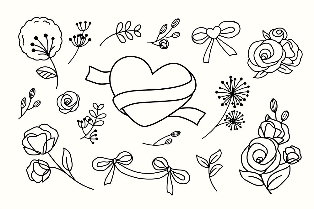 Heart and floral doodle collection vector