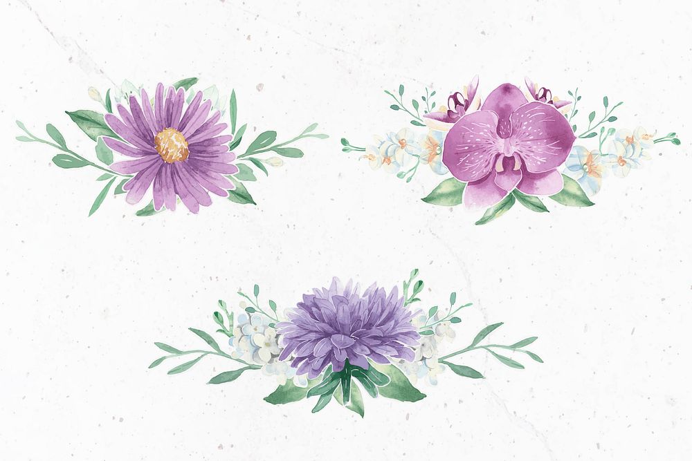 Purple flower elements on white background vector set