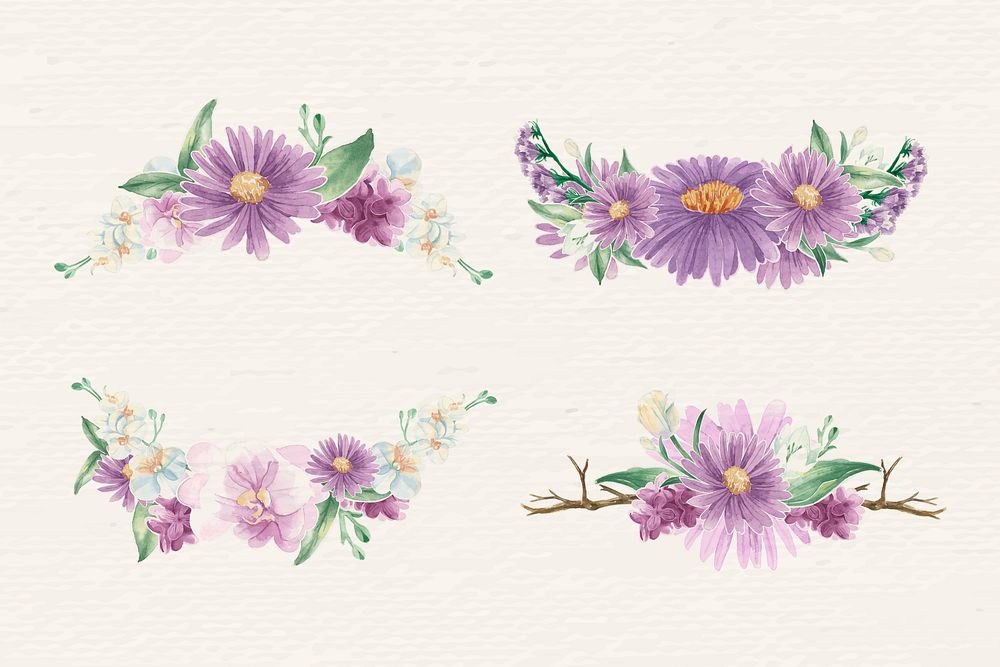 Purple flower elements on beige background vector set