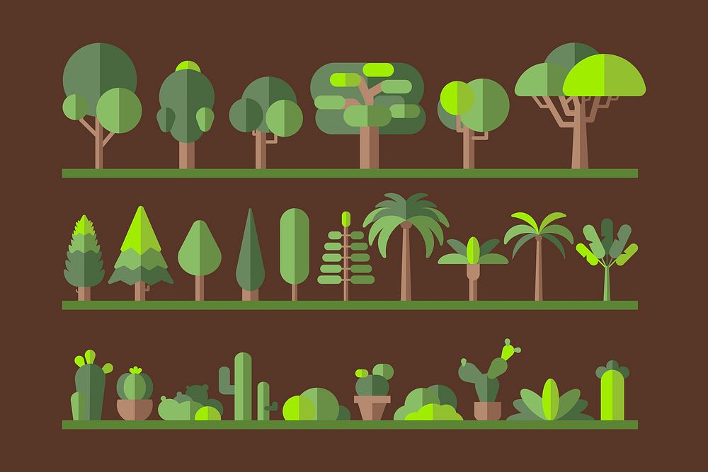 Green botany flat tree collection on a rack vector
