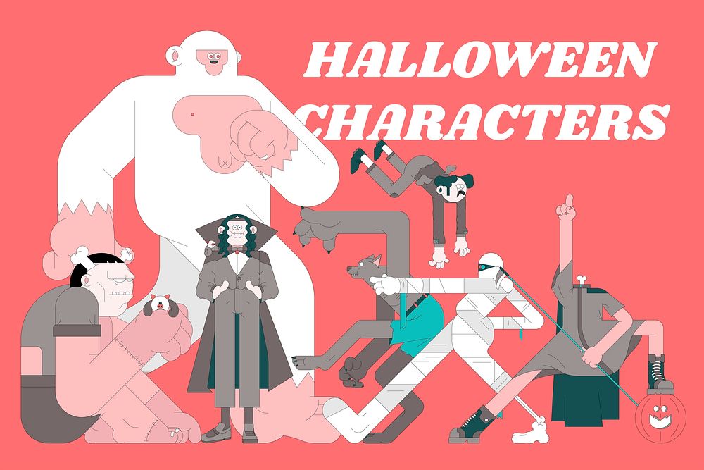 Halloween characters on red background vector