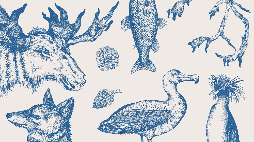 Animal drawing collection in grayscale wallpaper vector