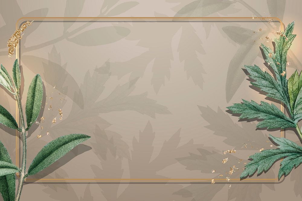 Gold frame on foliage pattern background vector