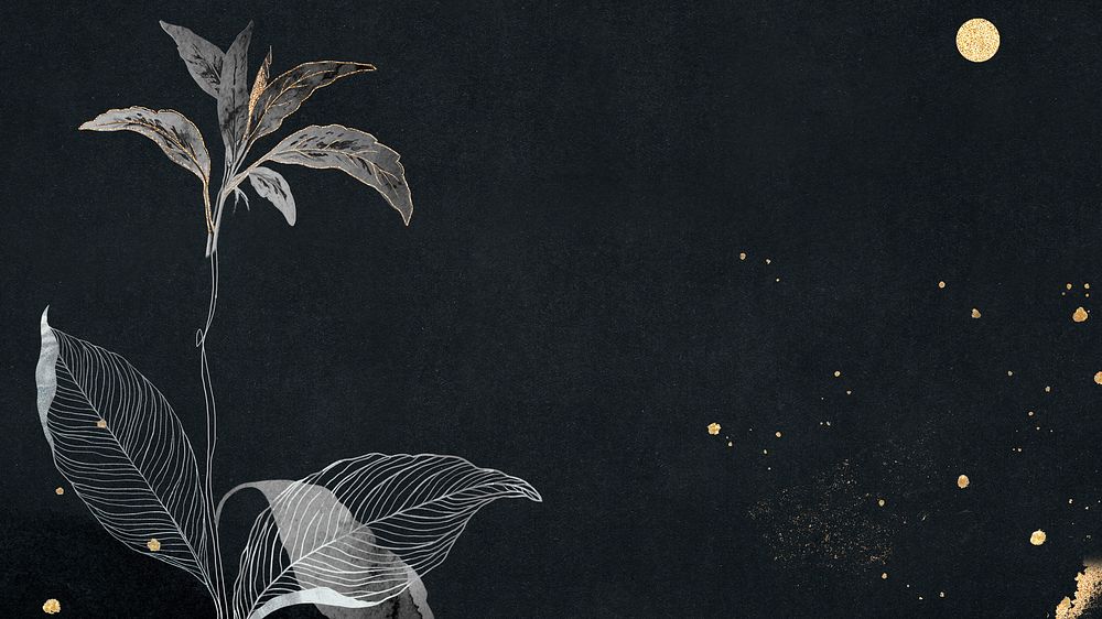 Dark night desktop wallpaper, moon rise, oriental leaves and gold detailed background