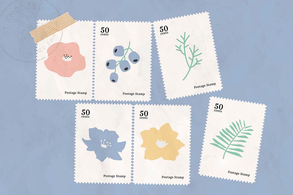 Botanical stamp collection on blue background vector