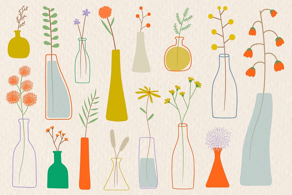 Colorful doodle flowers in vases on beige background vector