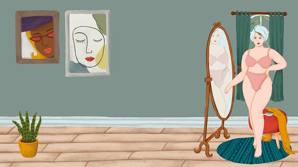 Girl in her underwear standing in front of a mirror sketch style wallpaper vector