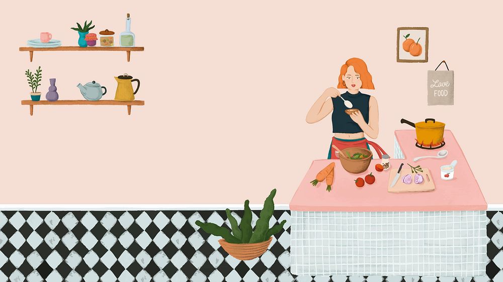 Girl cooking in a kitchen sketch style background vector
