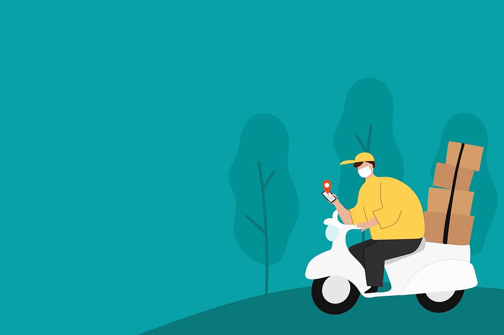 Delivery boy on a scooter with parcel boxes checking customer location map vector