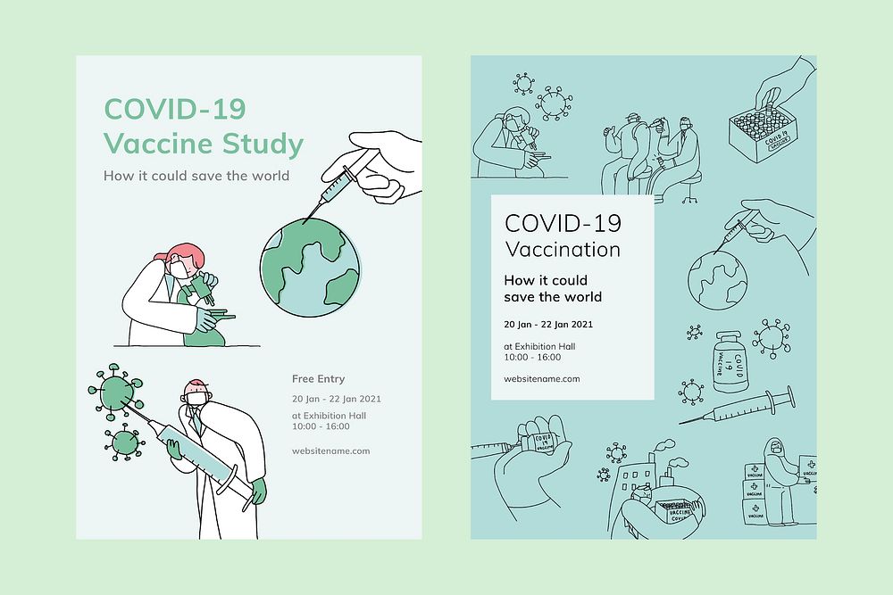 Vaccine study poster editable templates psd for covid 19 doodle illustration