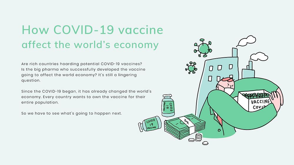 Covid 19 editable template psd vaccine and economy presentation doodle illustration