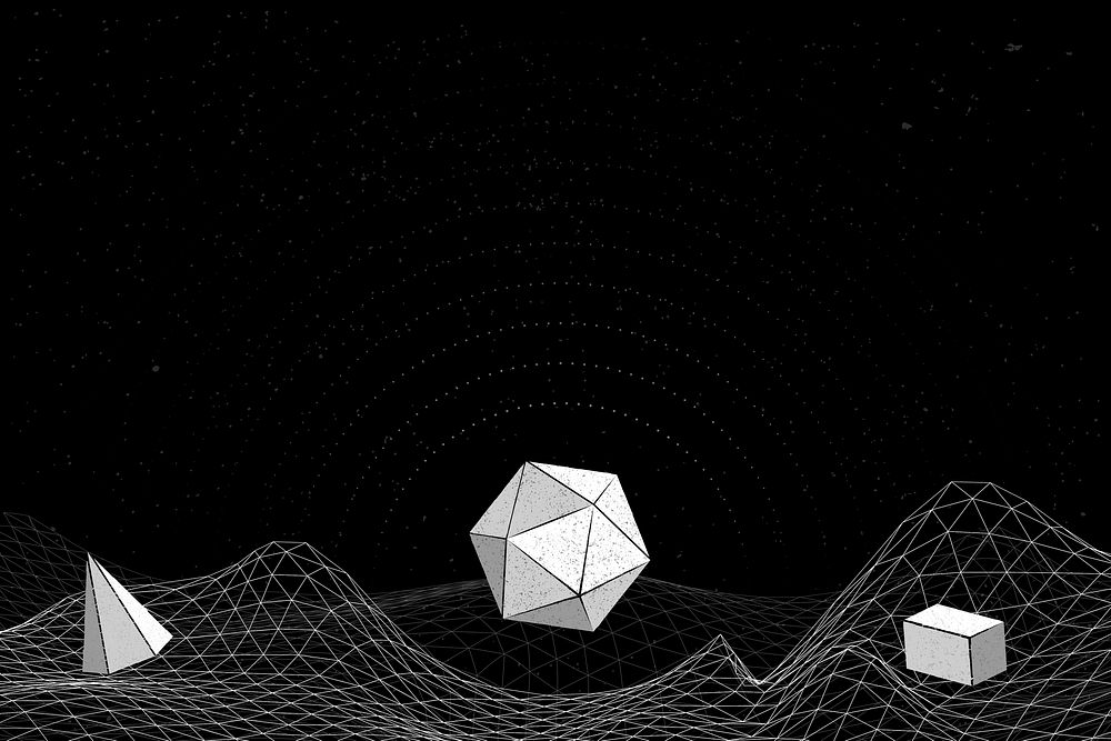 Gray geometric shapes on a wireframe wave background vector