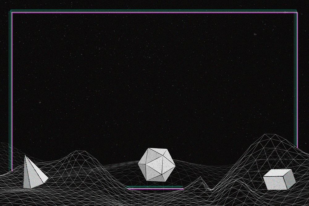 Gray geometric shapes on a wireframe wave background