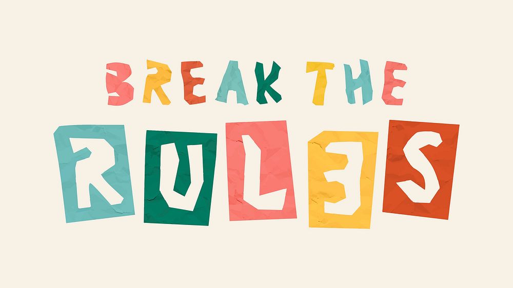 BREAK THE RULES phrase paper cut vector typography font