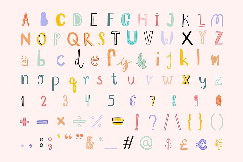 Hand drawn vector alphabet numbers sign doodle font set