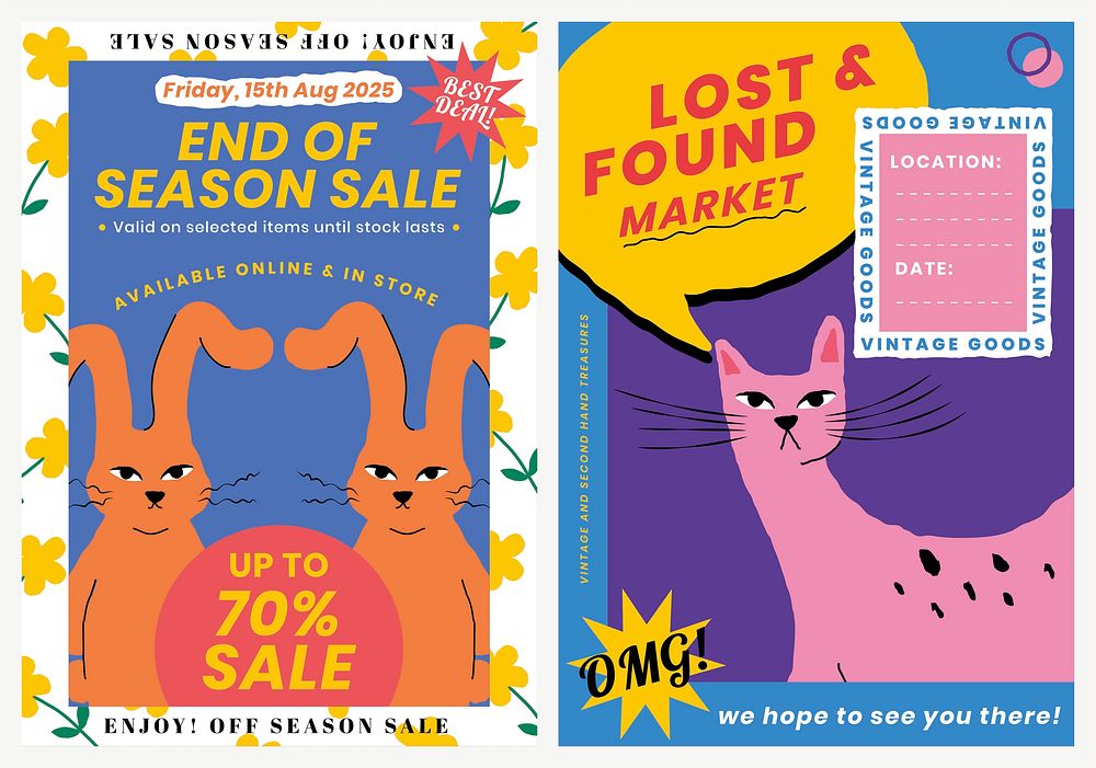 Editable sale poster template psd with cute animal illustration set