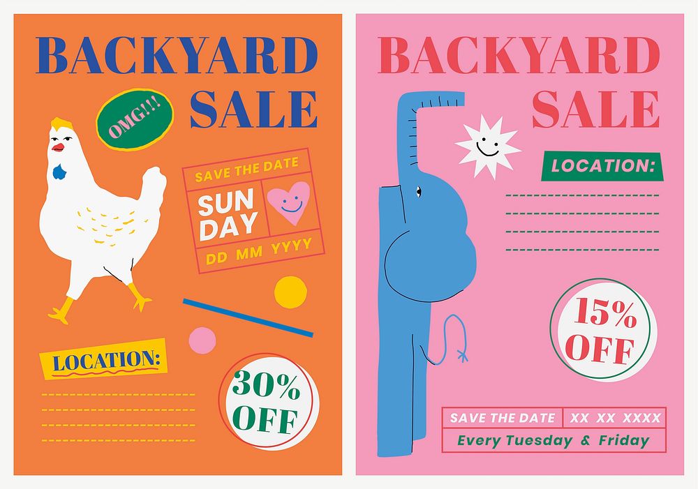Editable poster template psd for backyard sale with cute animal illustration set