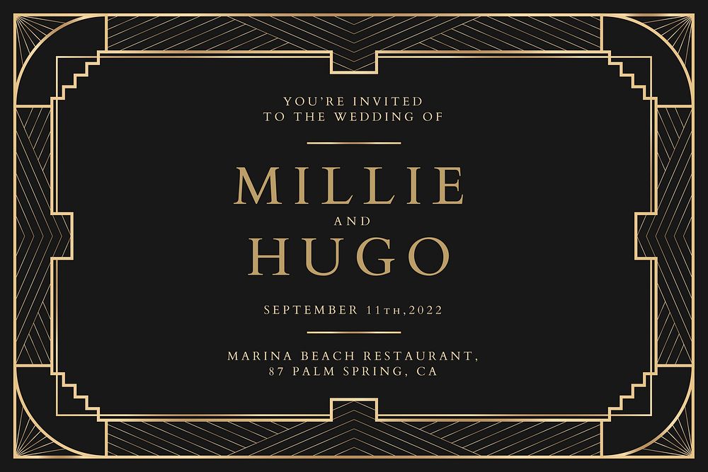 Wedding invitation vector template for social media banner with art deco pattern