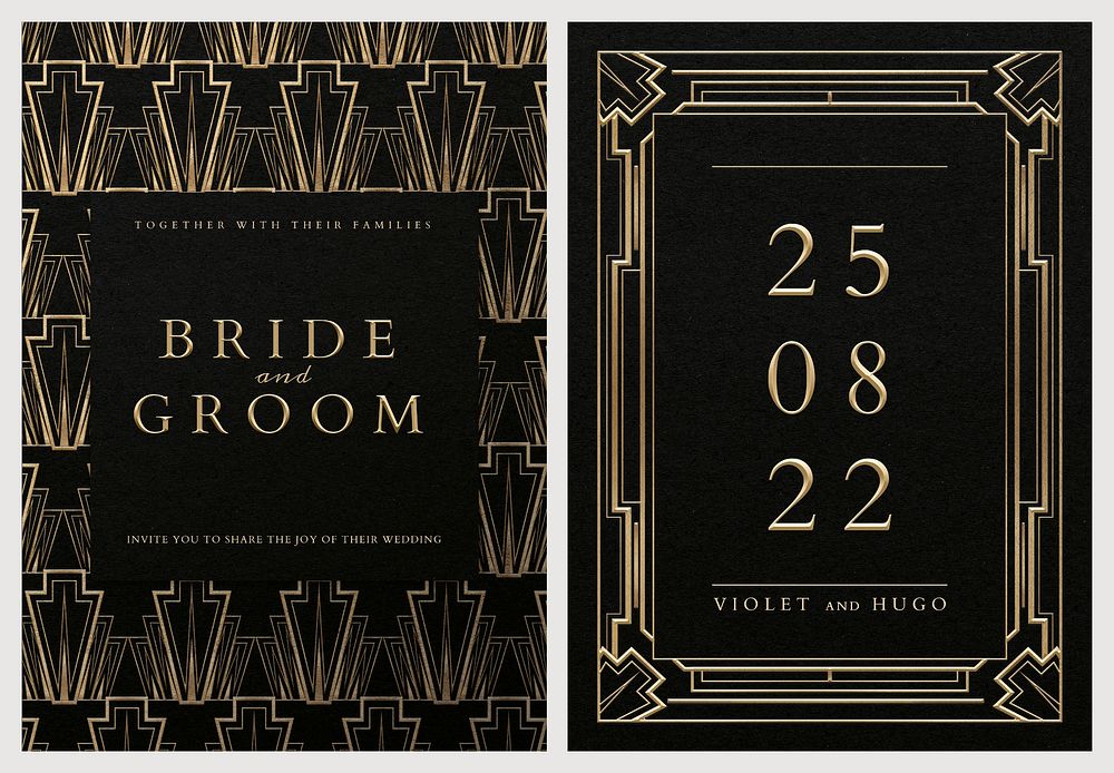 Wedding invitation card psd set template with geometric art deco style on dark background