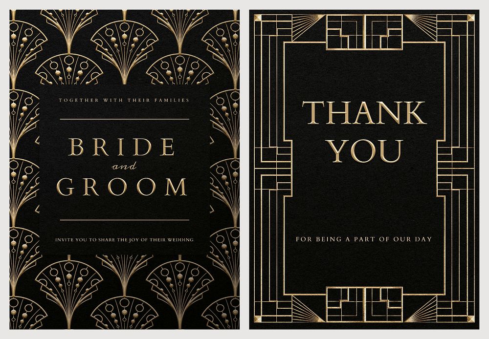 Wedding invitation card psd set template with geometric art deco style on dark background