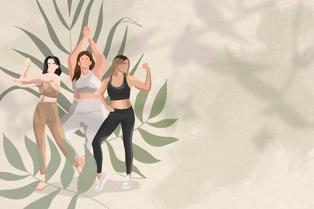 Health and wellness vector background green with women stretching illustration