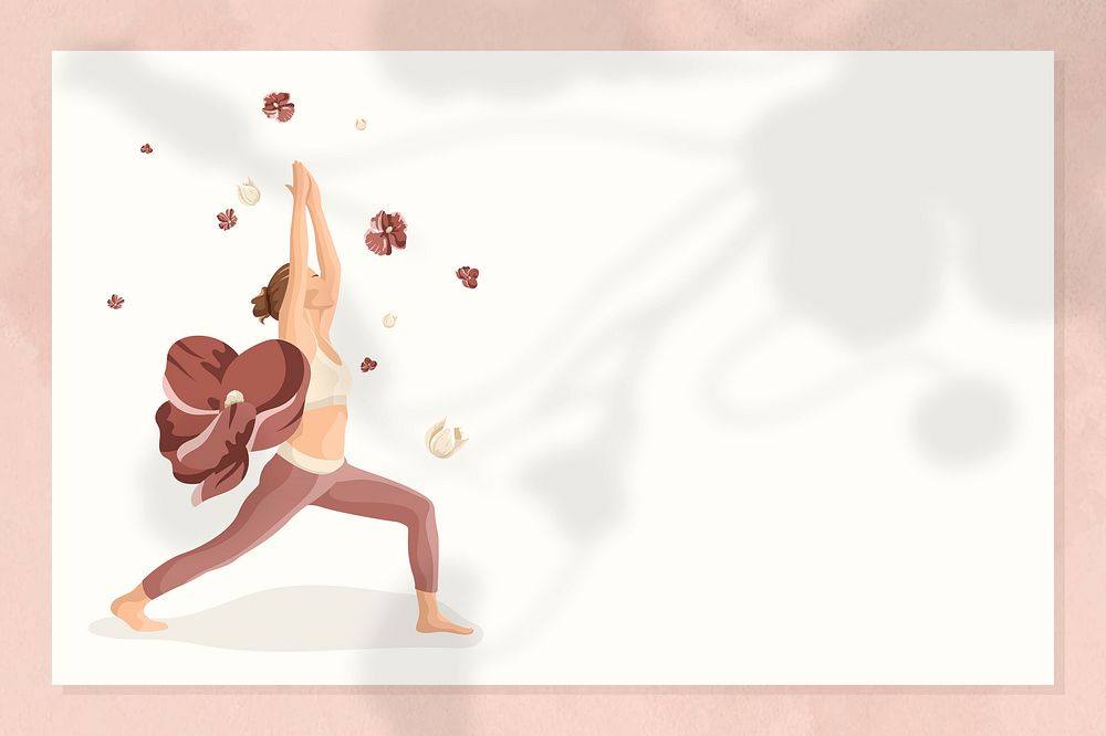 Floral yoga pose frame psd with woman practicing warrior 1 pose