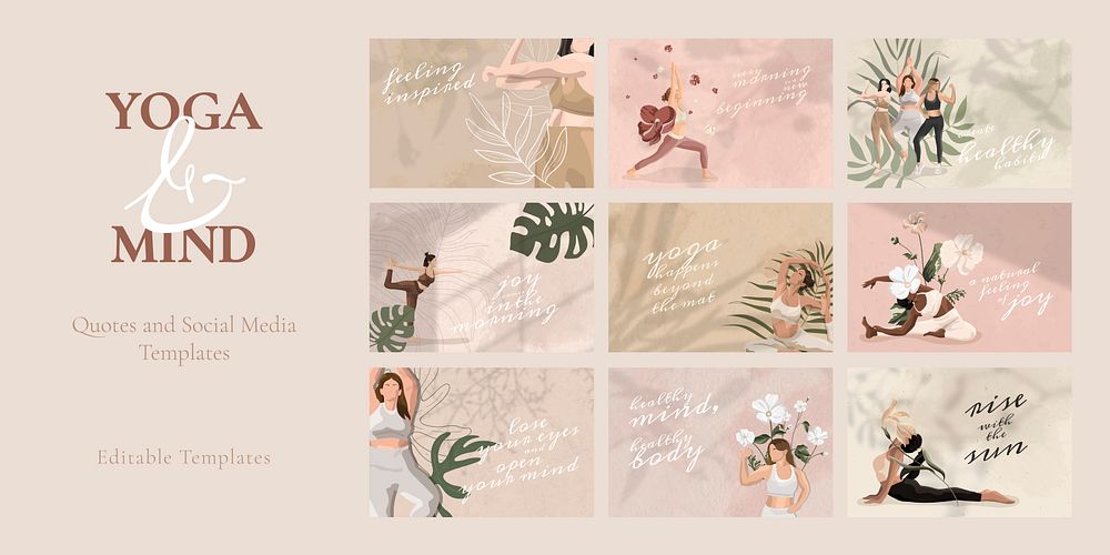 Yoga and mind quote psd template for social media post set
