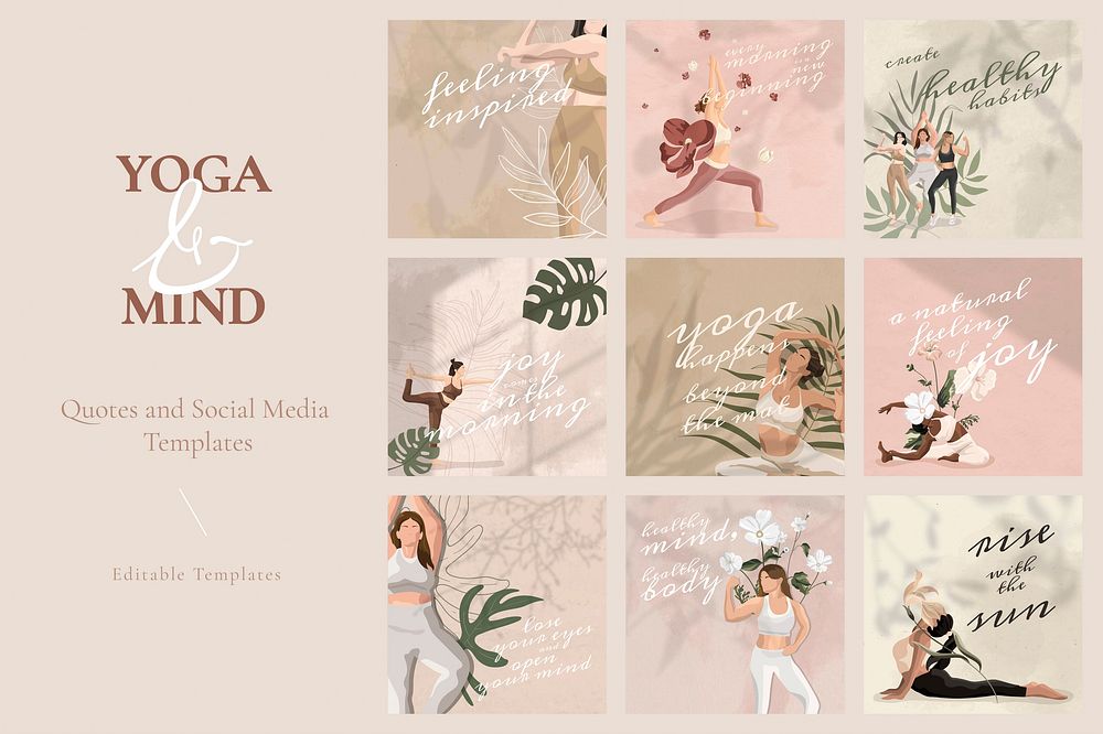 Yoga and mind quote vector template for social media banner set