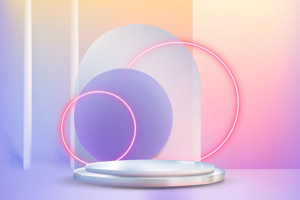 3D product display psd with holographic podium and pink neon rings