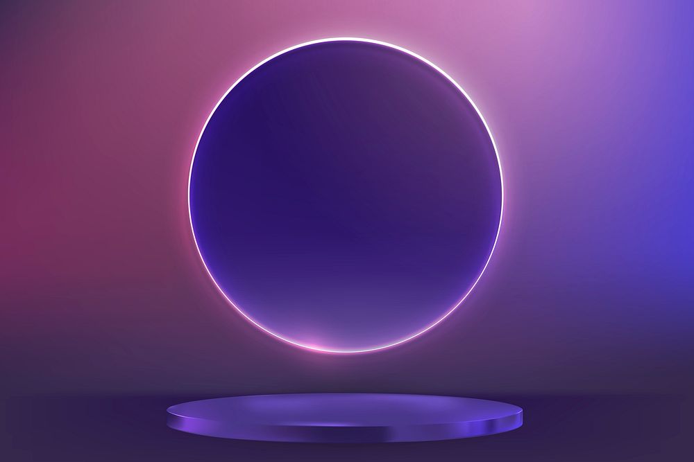 Purple product display podium with pink neon ring in modern style