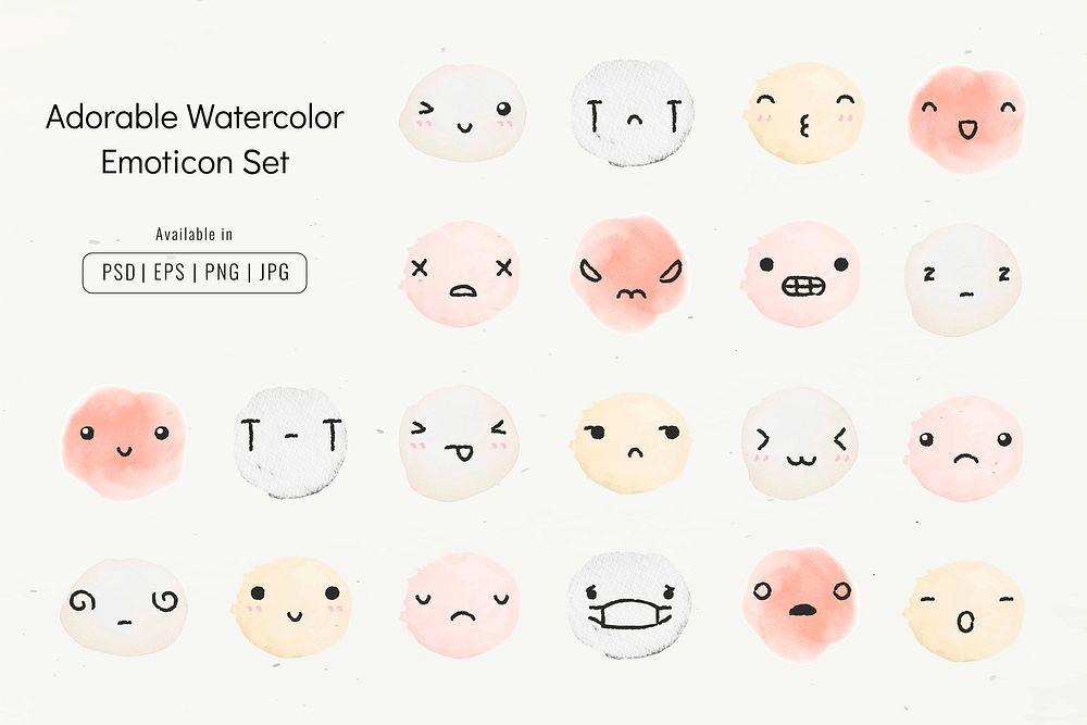 Editable watercolor emoticons psd in adorable doodle style set